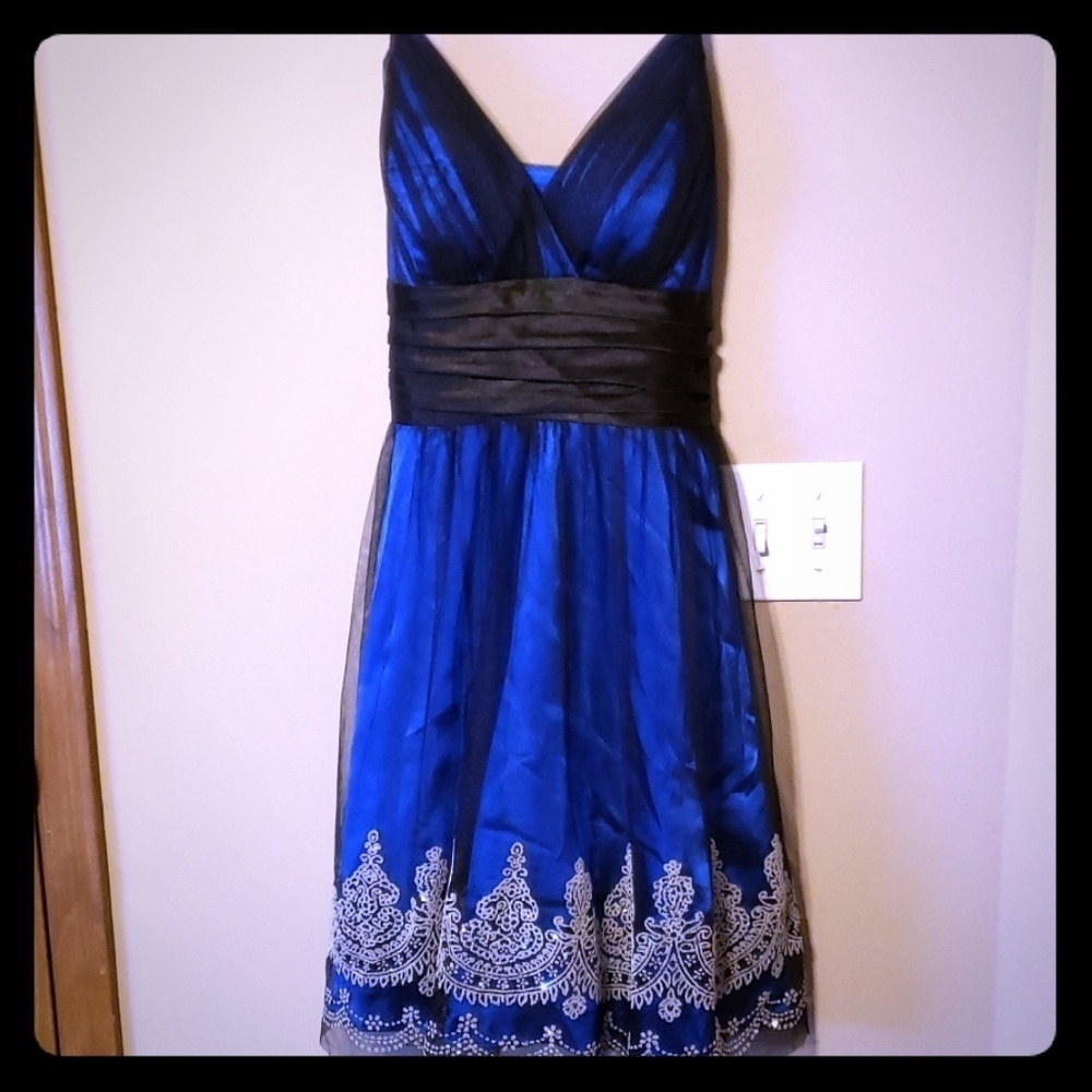 Formal gown blue & black with bling & toile